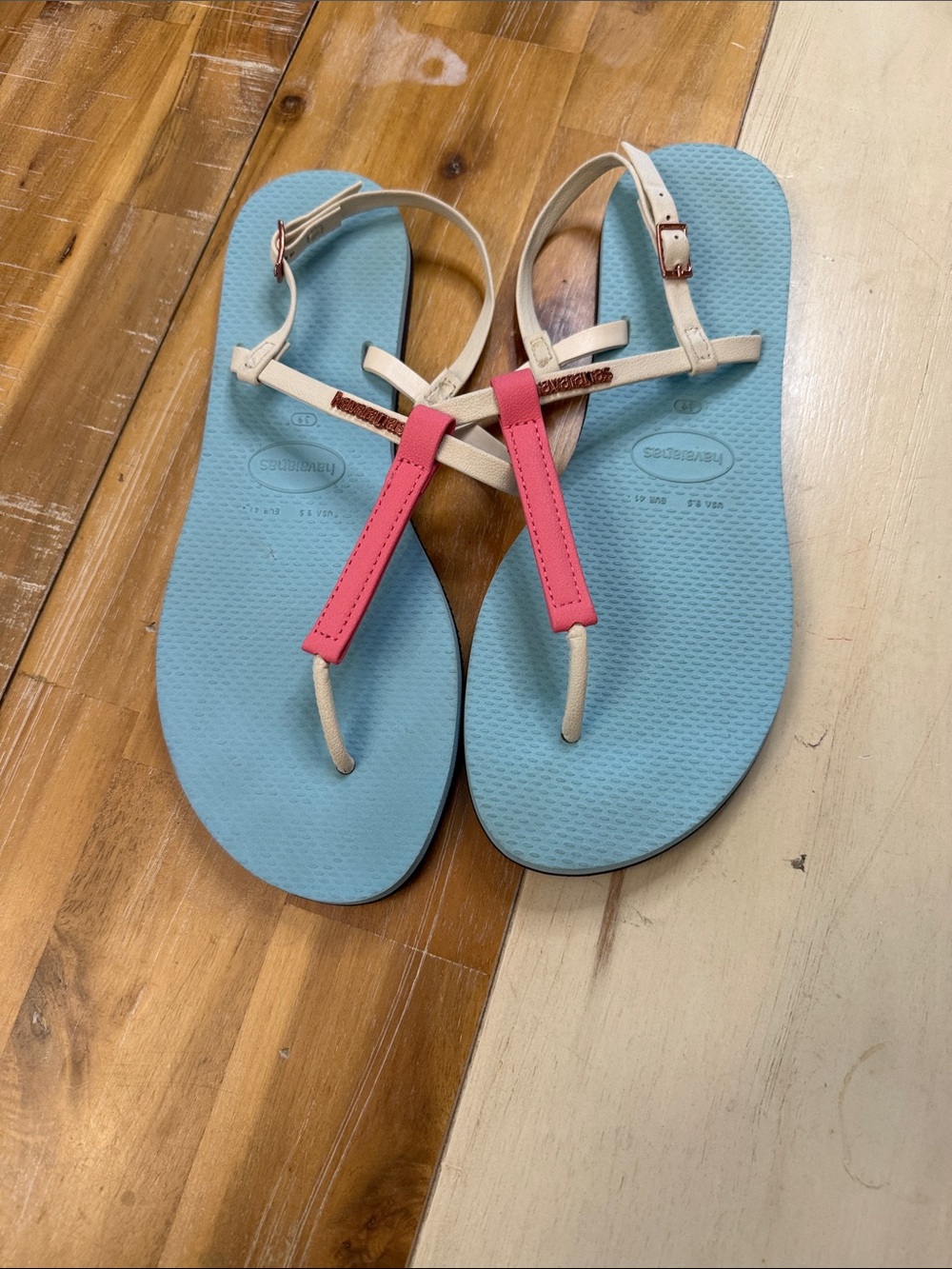 Havaianas Light Blue Footbed with Pink and Cream T-Strap Sandals